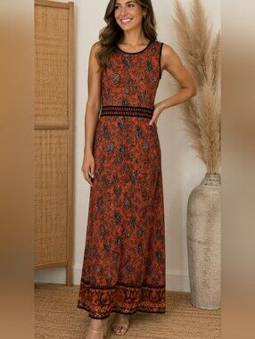 Peruvian Connection Sleeveless Burnt Orange Floral Maxi Dress Medium PTP 18/20